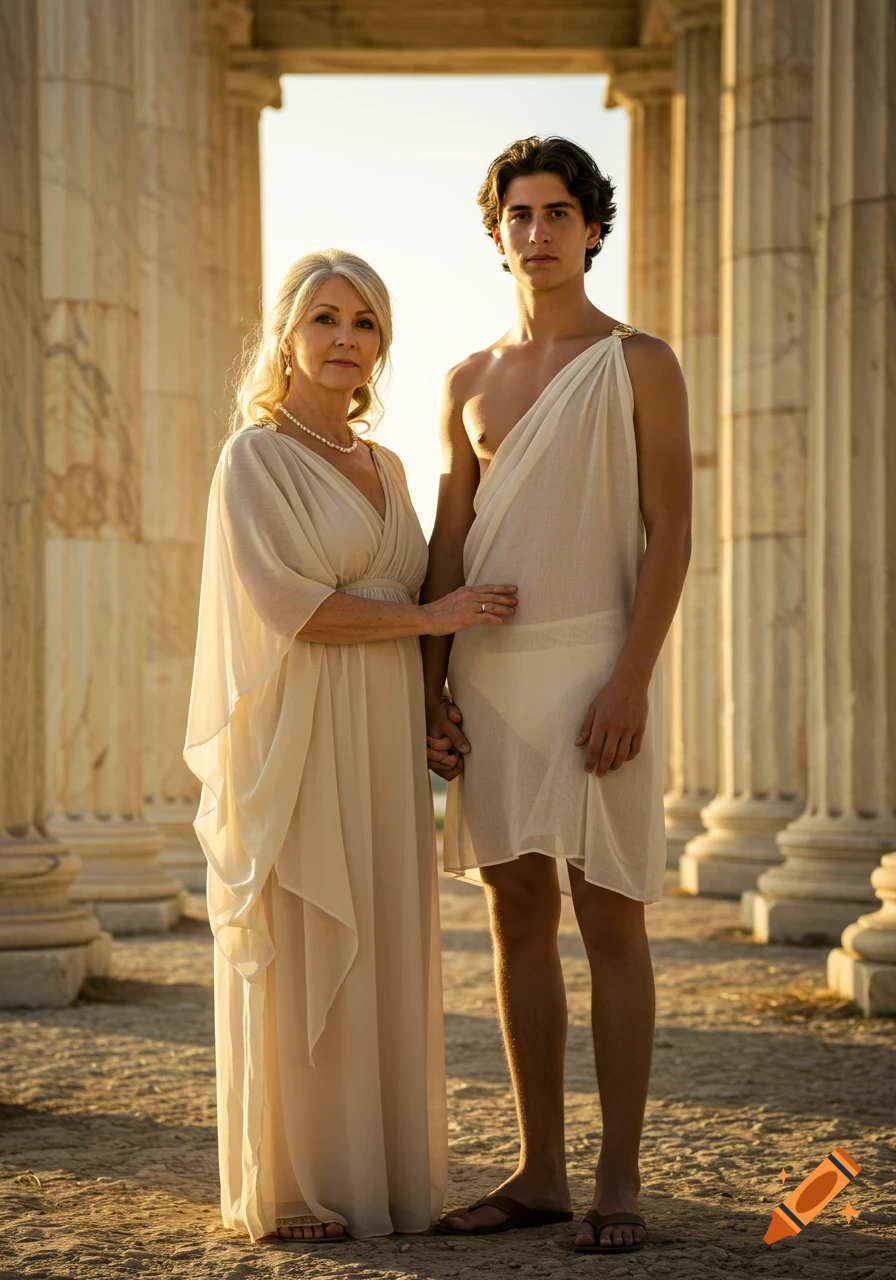 Mature woman and young man in Greek robes stand in ancient ruins