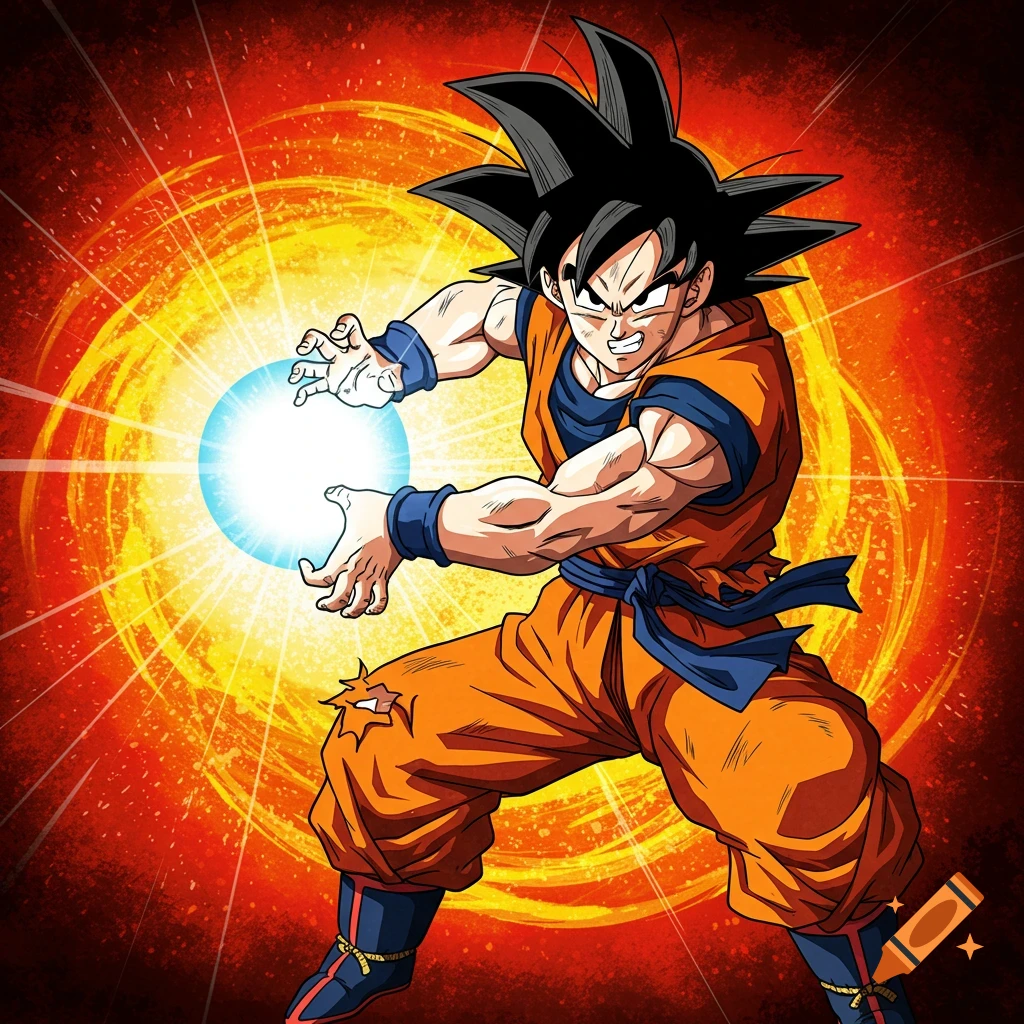 Goku charges a powerful energy ball, surrounded by a bright yellow aura in anime style.