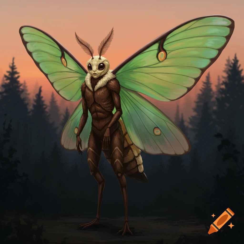Digital painting of a bipedal moth creature standing in a forest at sunset.
