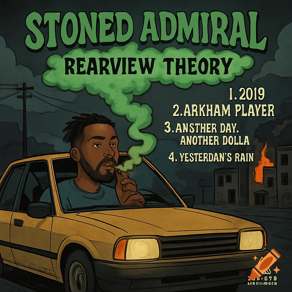 Cartoon album cover art of a Black man smoking in a yellow car driving through an urban area, with green smoke above.