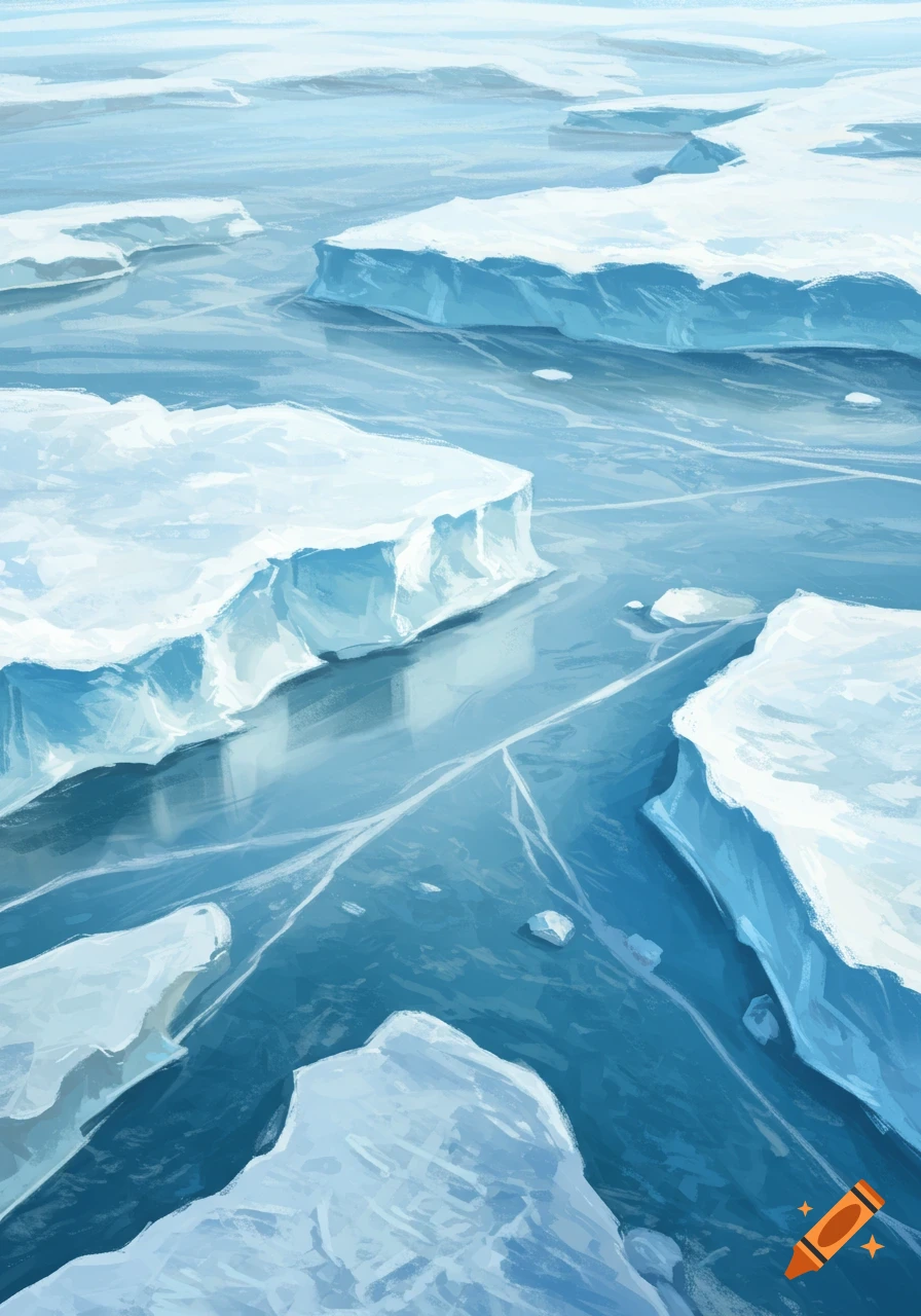 Digital painting of arctic ice floes in blue water
