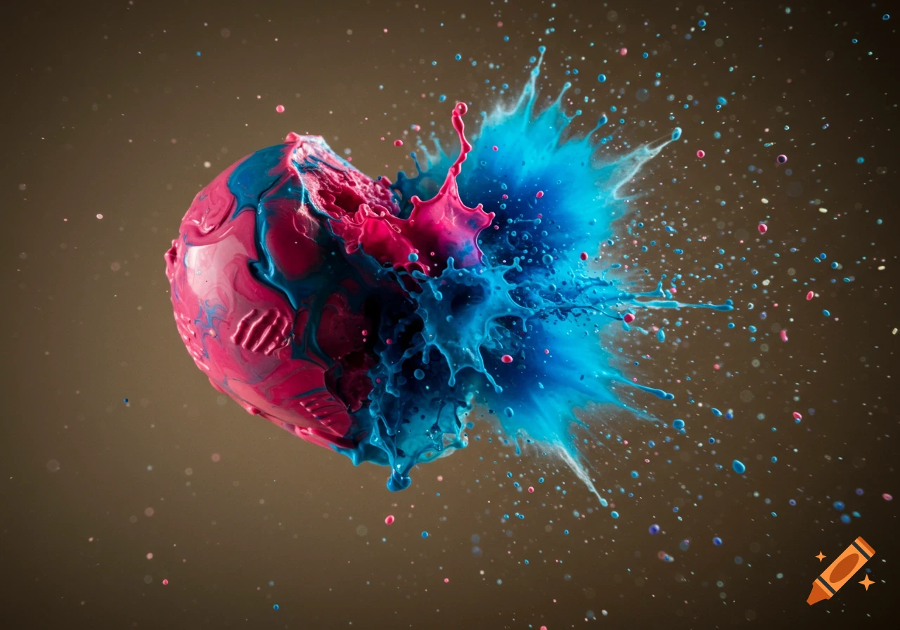 A pink and blue sphere explodes in a dynamic splash of liquid paint against a brown background.