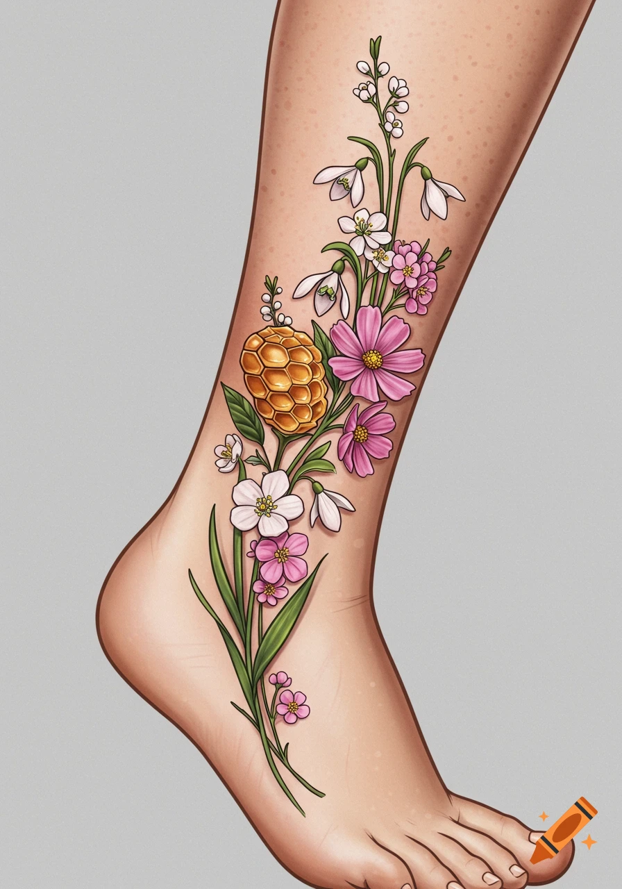 Illustrative tattoo design of flowers and honeycomb on an ankle.