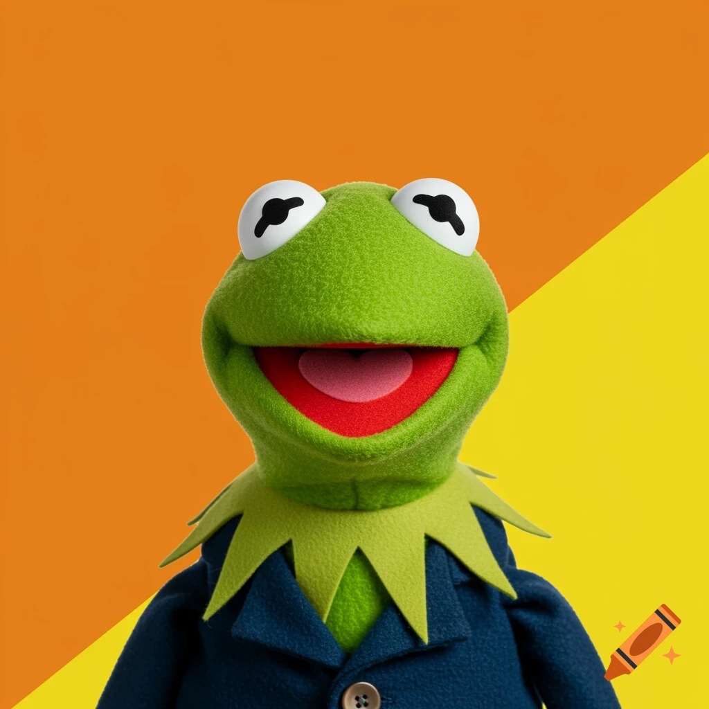 Close-up portrait of Kermit the Frog smiling against a split orange and yellow background.