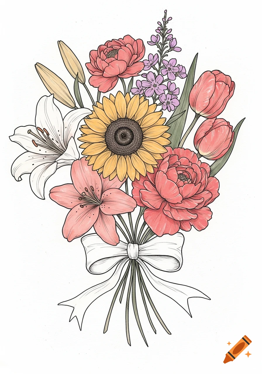 Line drawing of a bouquet of lilies, sunflower, peonies, and tulips tied with a bow.