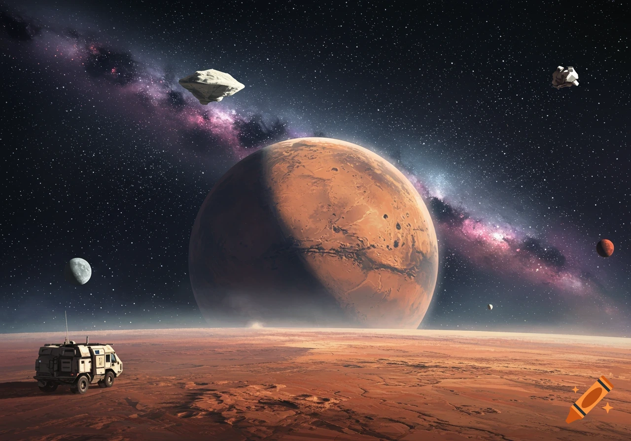 A vehicle sits on the surface of Mars with the giant planet and stars in the background.