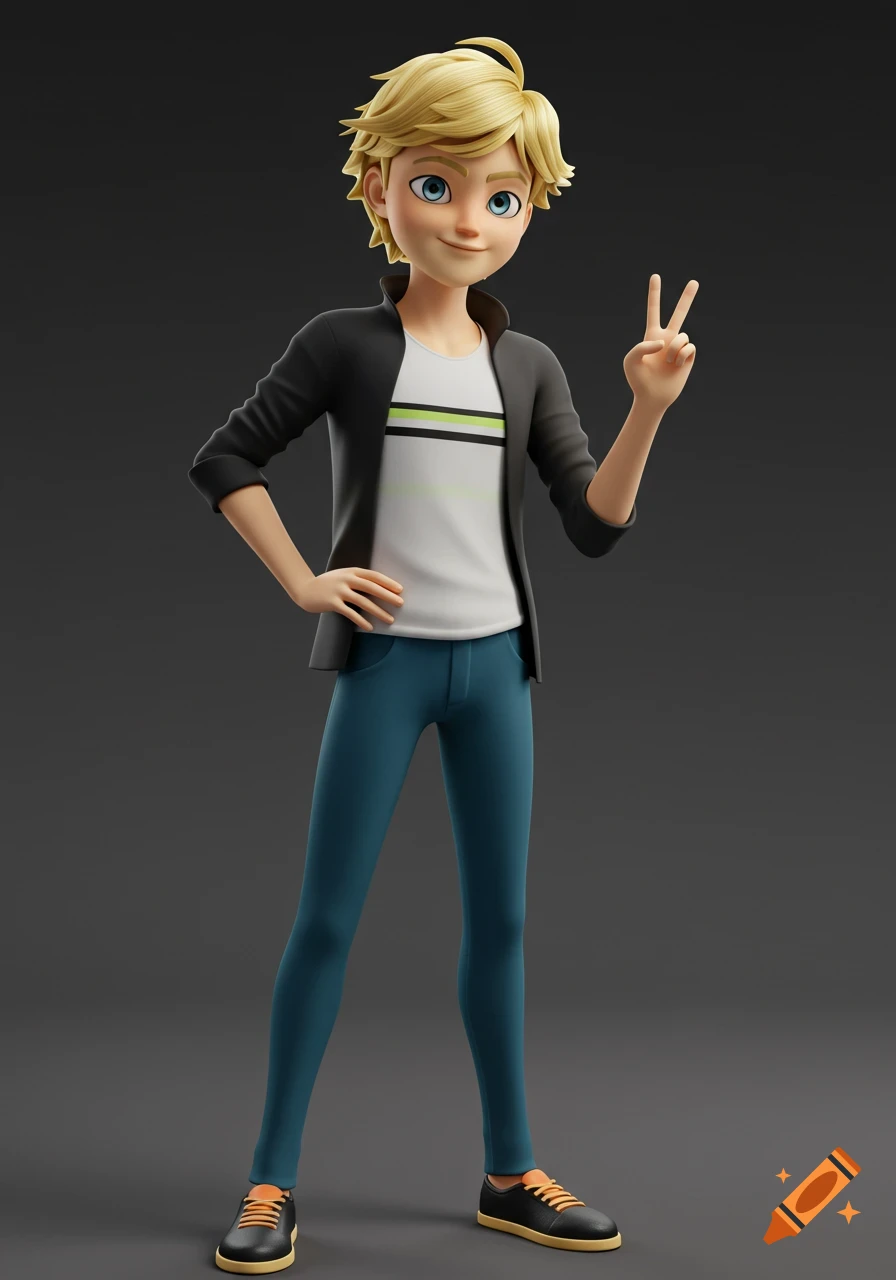 Adrien Agreste in 3D animation style, standing with one hand on his hip and the other making a peace sign.