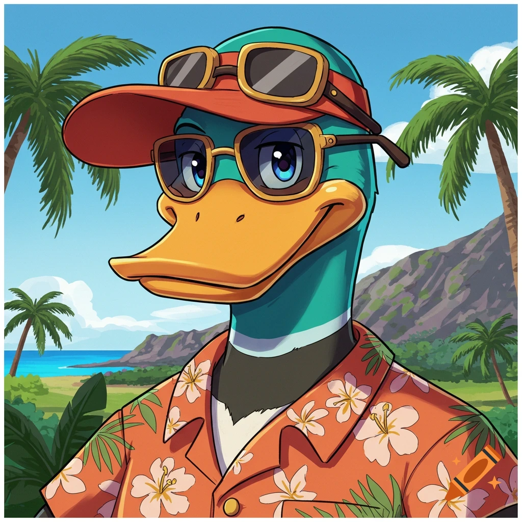 A cartoon duck in a Hawaiian shirt, sunglasses, and hat on a tropical beach.