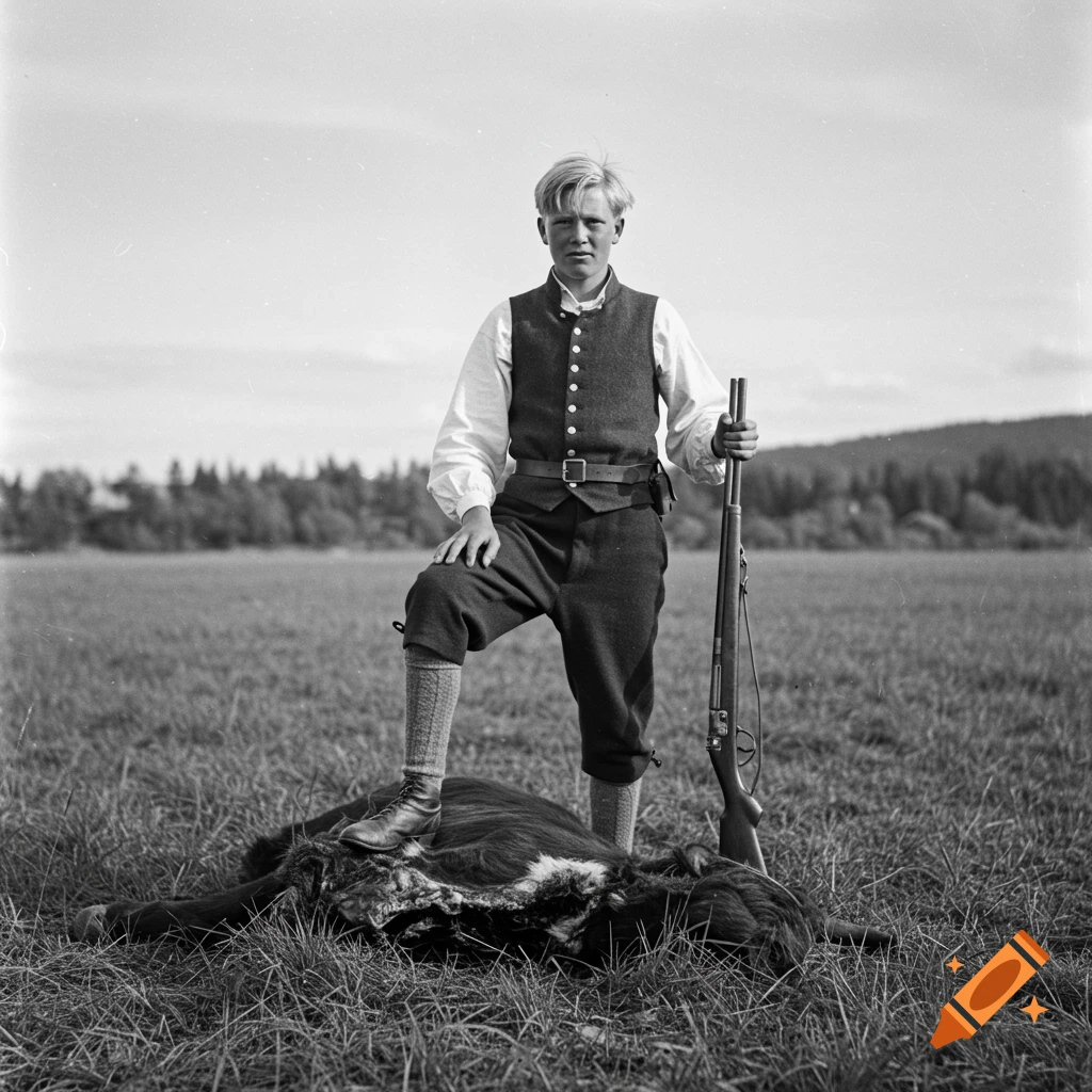Black and white photo of a young man in historical clothing with a rifle, standing with his foot on a dead bull in a field.
