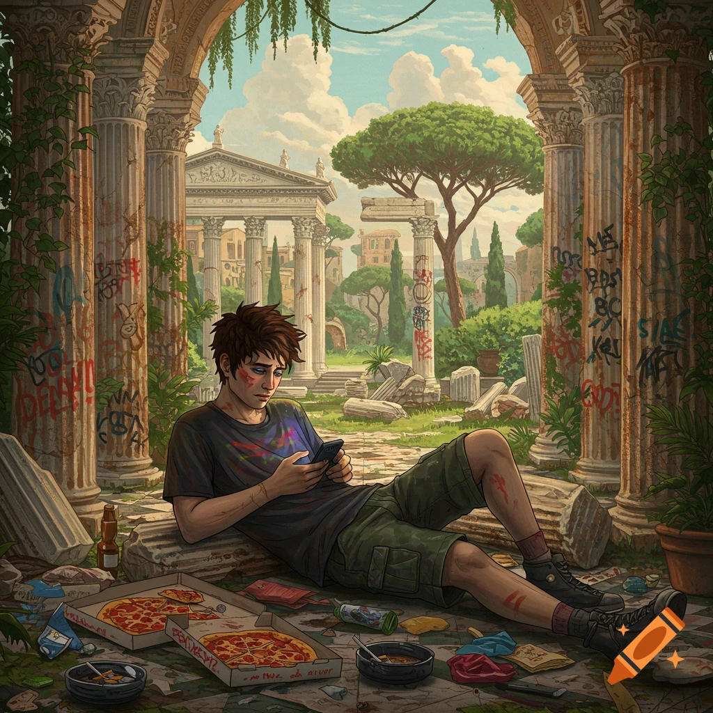 Digital art of a person using a phone in ancient ruins covered in graffiti, with pizza and litter.