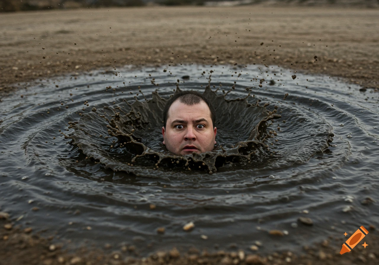 A chubby man's head emerges from muddy water with a large splash, looking surprised.