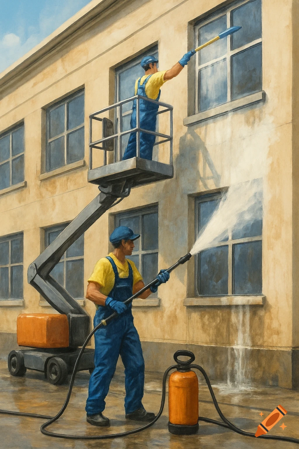 Two workers cleaning the exterior of a building, one from a lift and one using a pressure washer. Painting style.