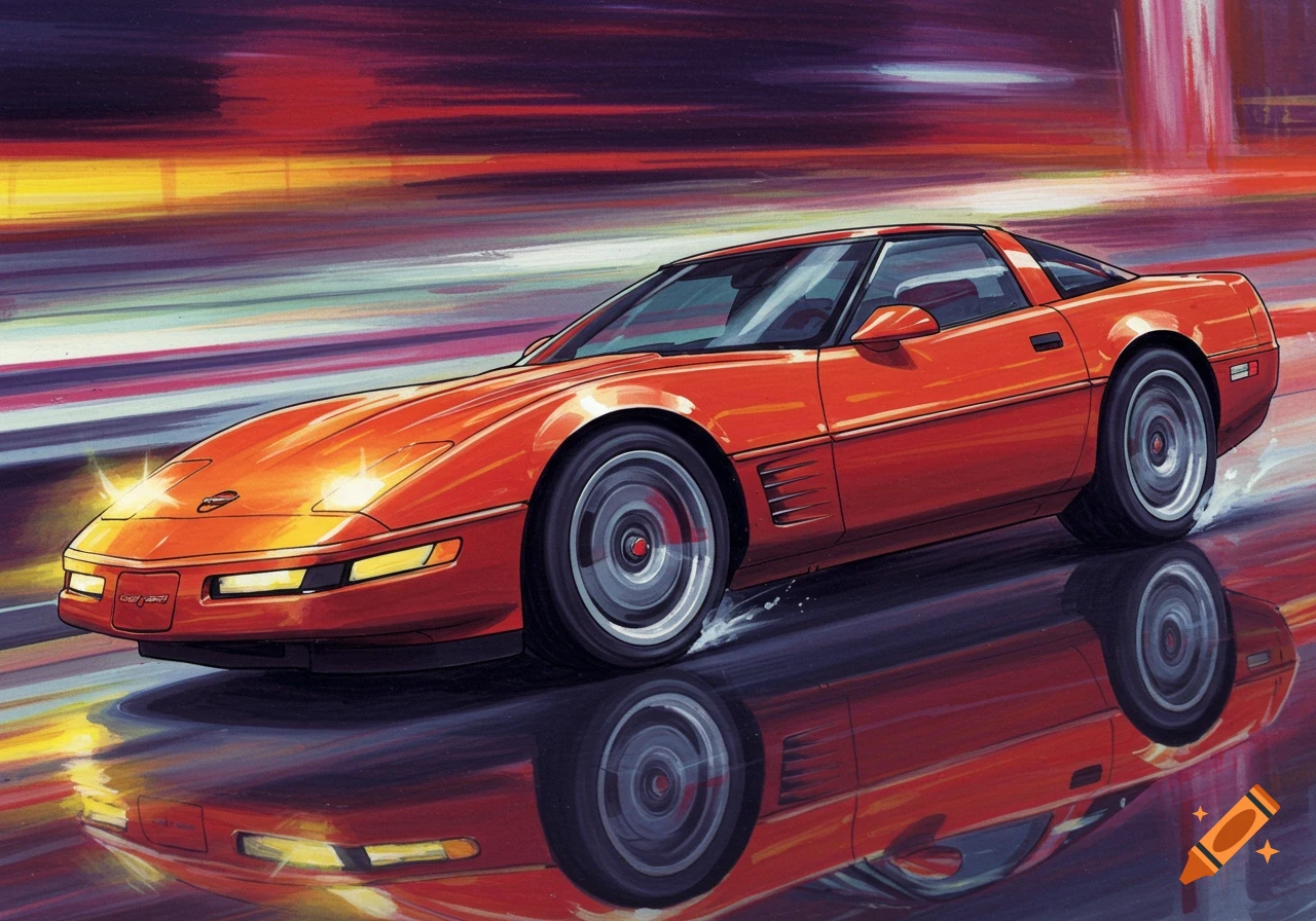 Painting of an orange C4 Corvette driving on a wet road at speed, in a retro Hiroshi Nagai style.