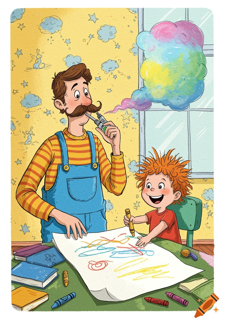 Illustration in children's book style shows a father vaping rainbow smoke while his child draws with crayons.