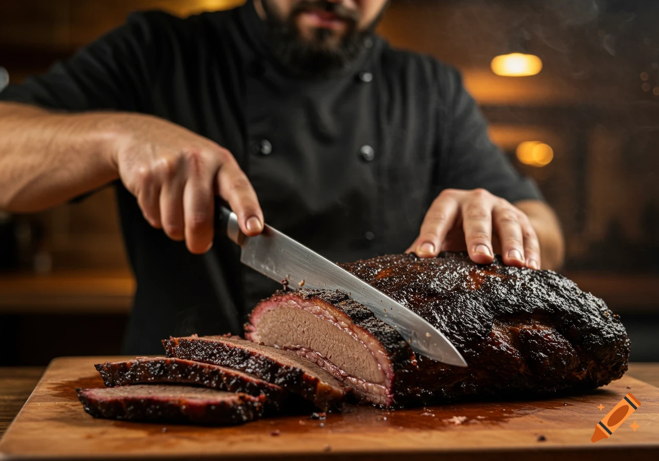 A man slices a piece of smoked brisket on a wooden cutting board. Photorealistic.