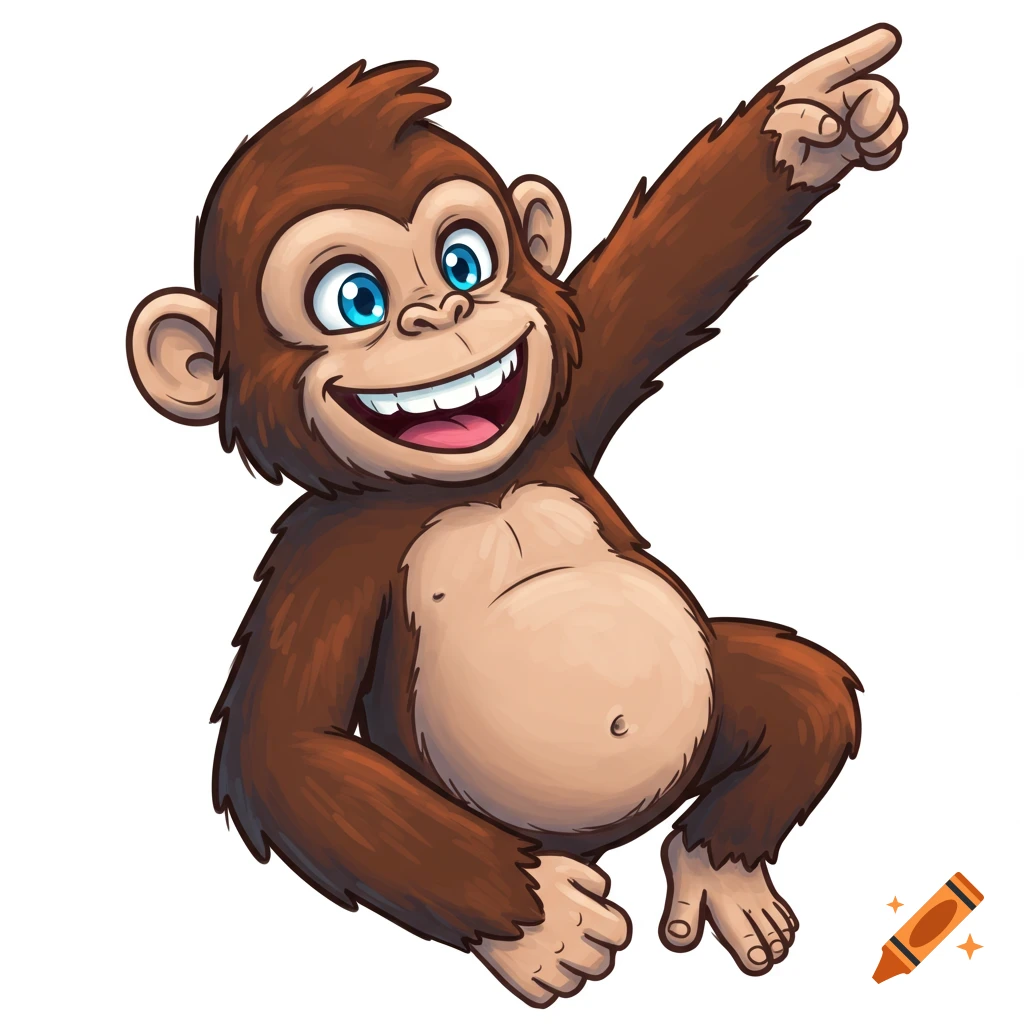 A happy cartoon monkey points upward