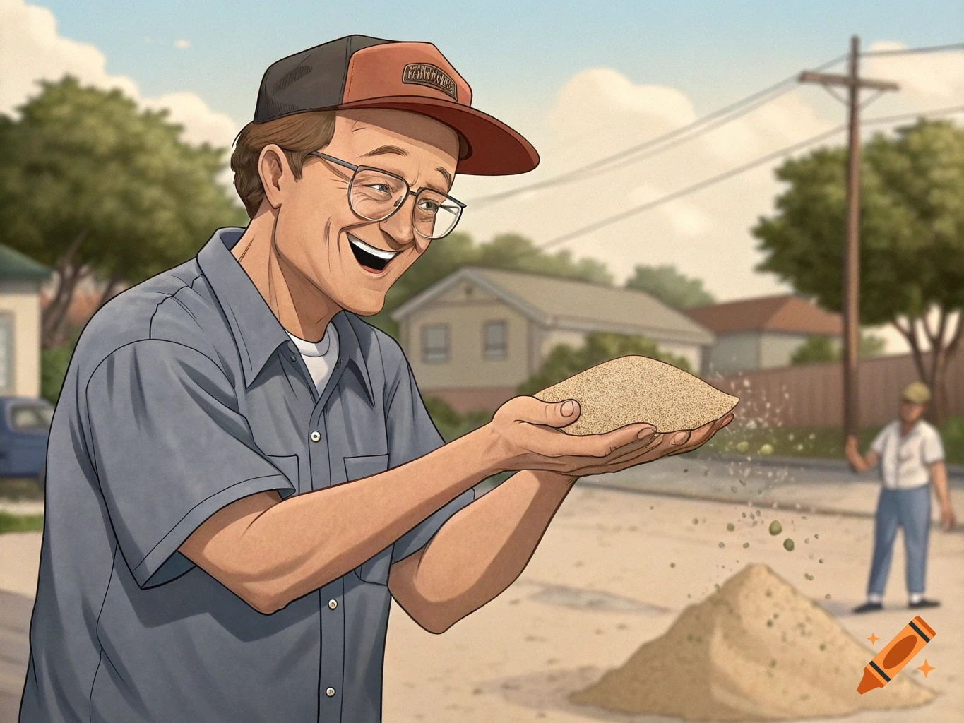 Man wearing a hat and glasses throws a handful of sand in a suburban street.
