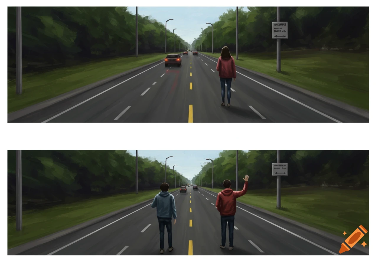 Painted illustration shows a woman walking down a road, followed by two men standing on the same road, one waving.