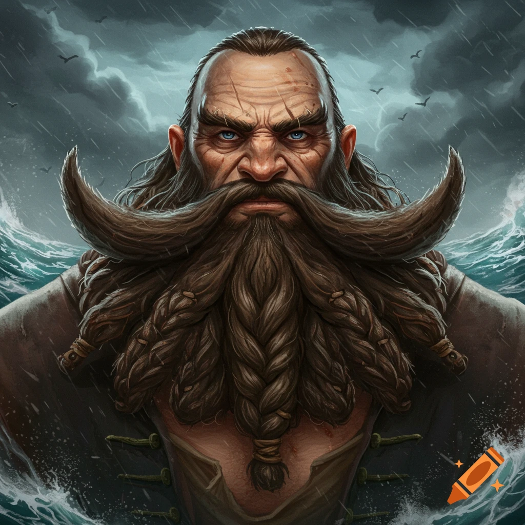 Fantasy portrait of a man with a large braided beard in a stormy sea.
