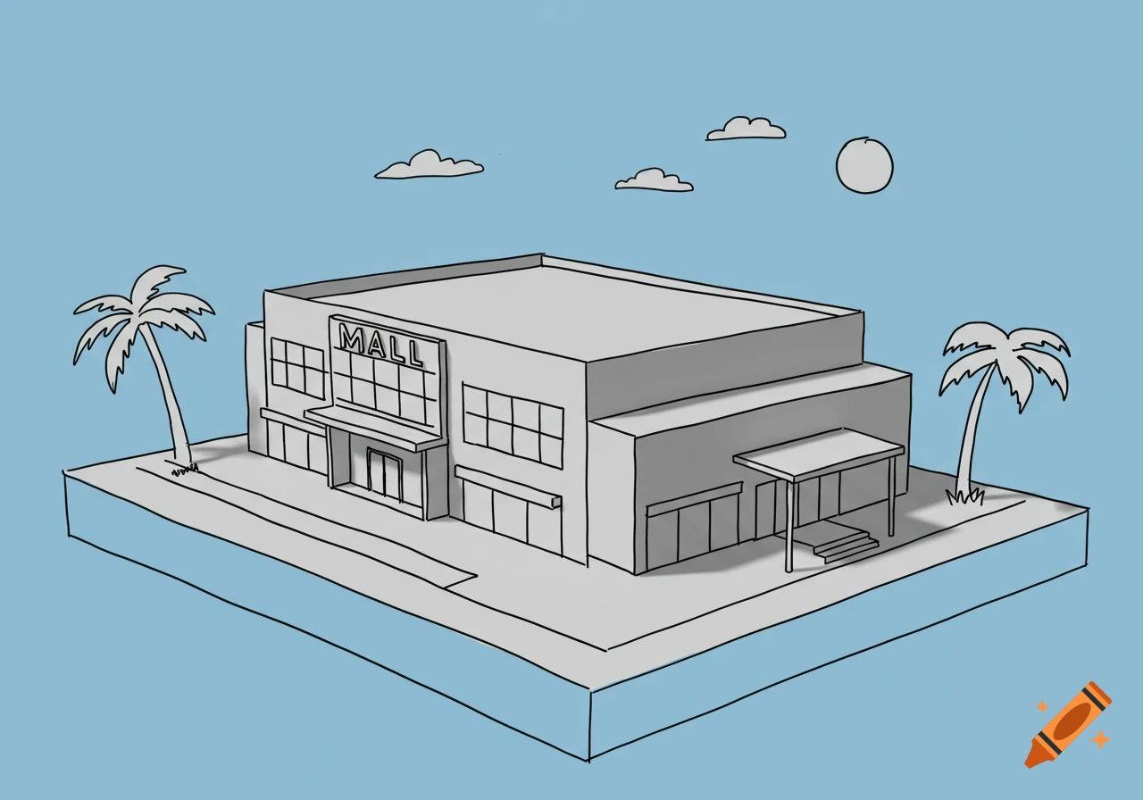 A simple, 3D-style line drawing of a mall with palm trees against a blue sky.