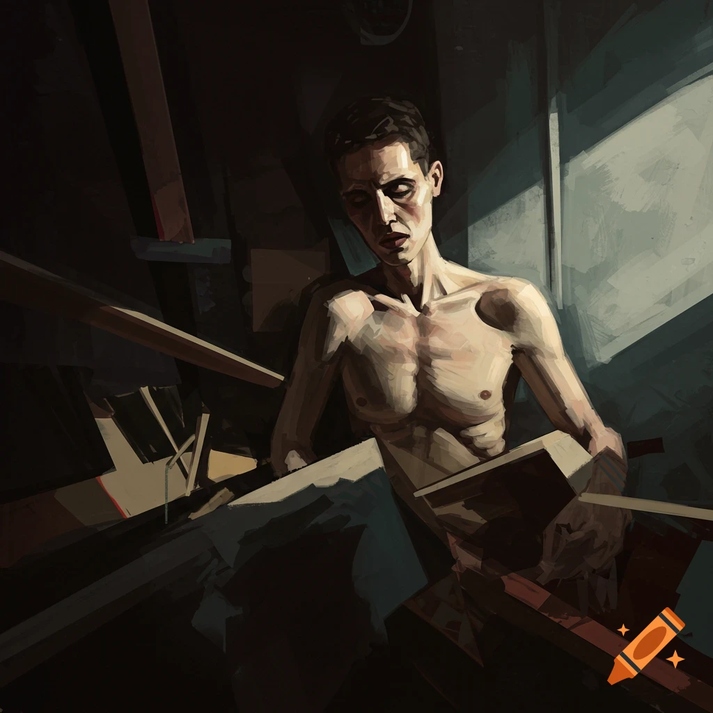 Expressionist painting of a figure in a dark, fragmented space with strong chiaroscuro.