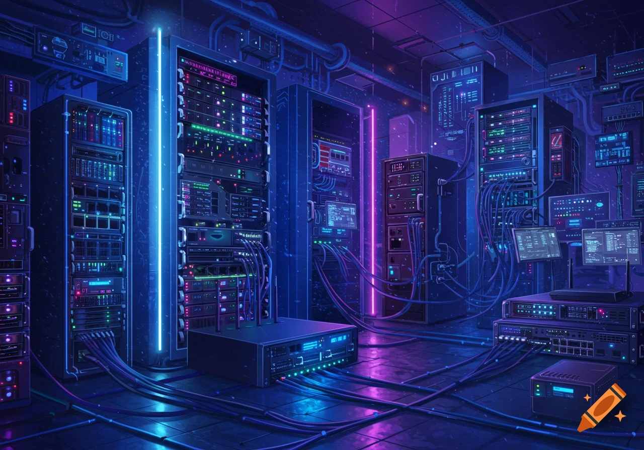 A dimly lit server room filled with racks of servers, cables, and monitors, lit by blue and pink neon lights.