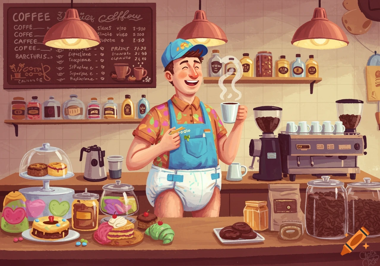 Illustration of a smiling barista wearing a diaper and holding a coffee cup behind a busy coffee shop counter.
