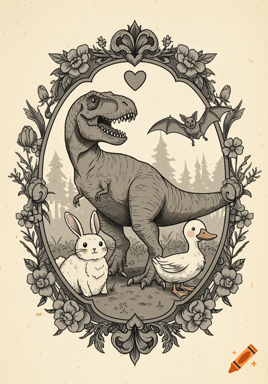 T-rex, bunny, duck, and bat in a vintage framed portrait, black and grey tattoo style.