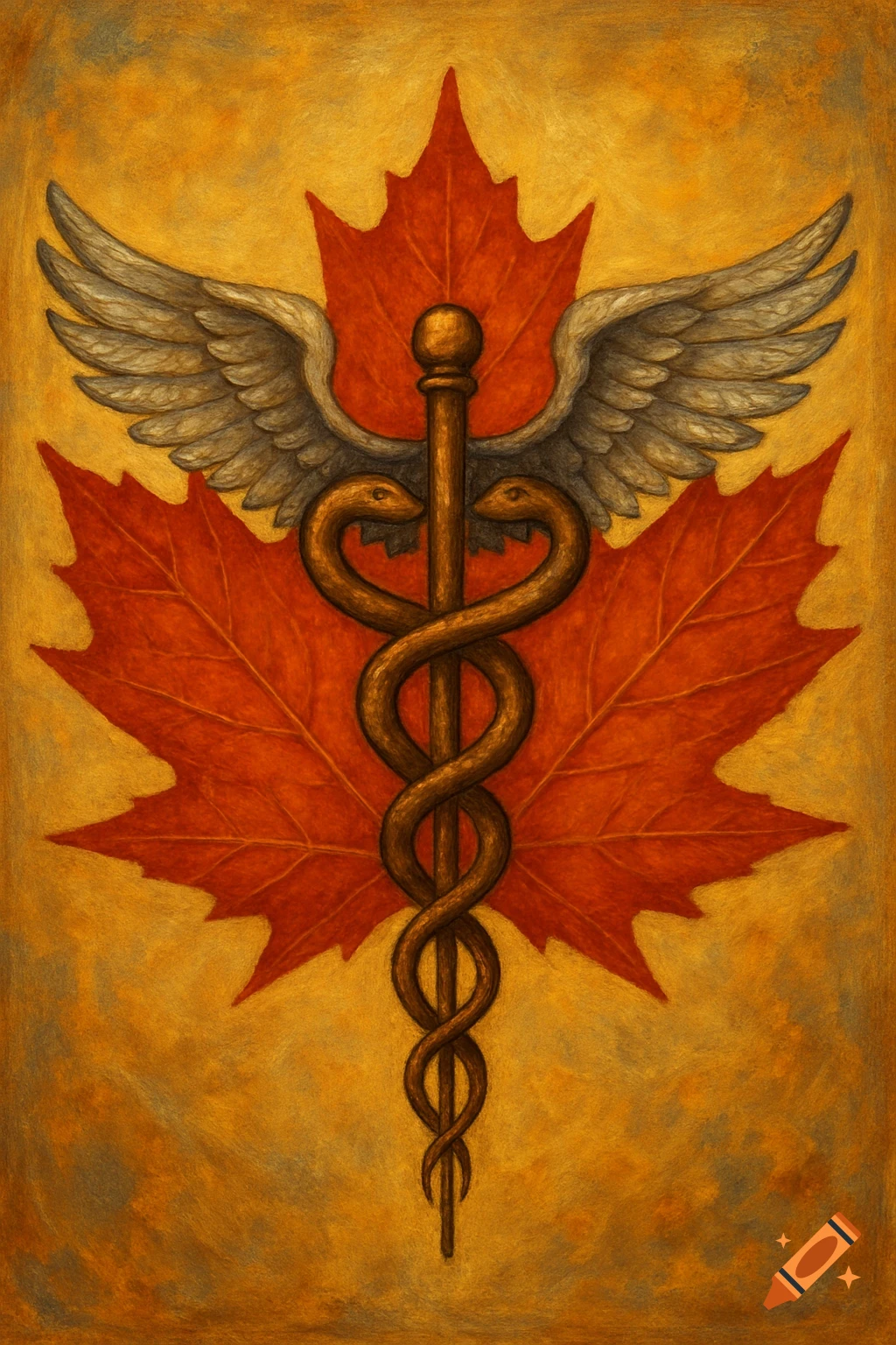 A caduceus symbol with wings on a red maple leaf in a textured painting style.