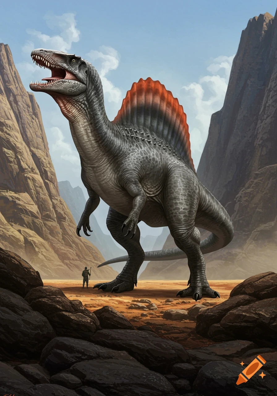 A large gray dinosaur with a red-orange sail stands in a rocky desert landscape next to a small human figure.