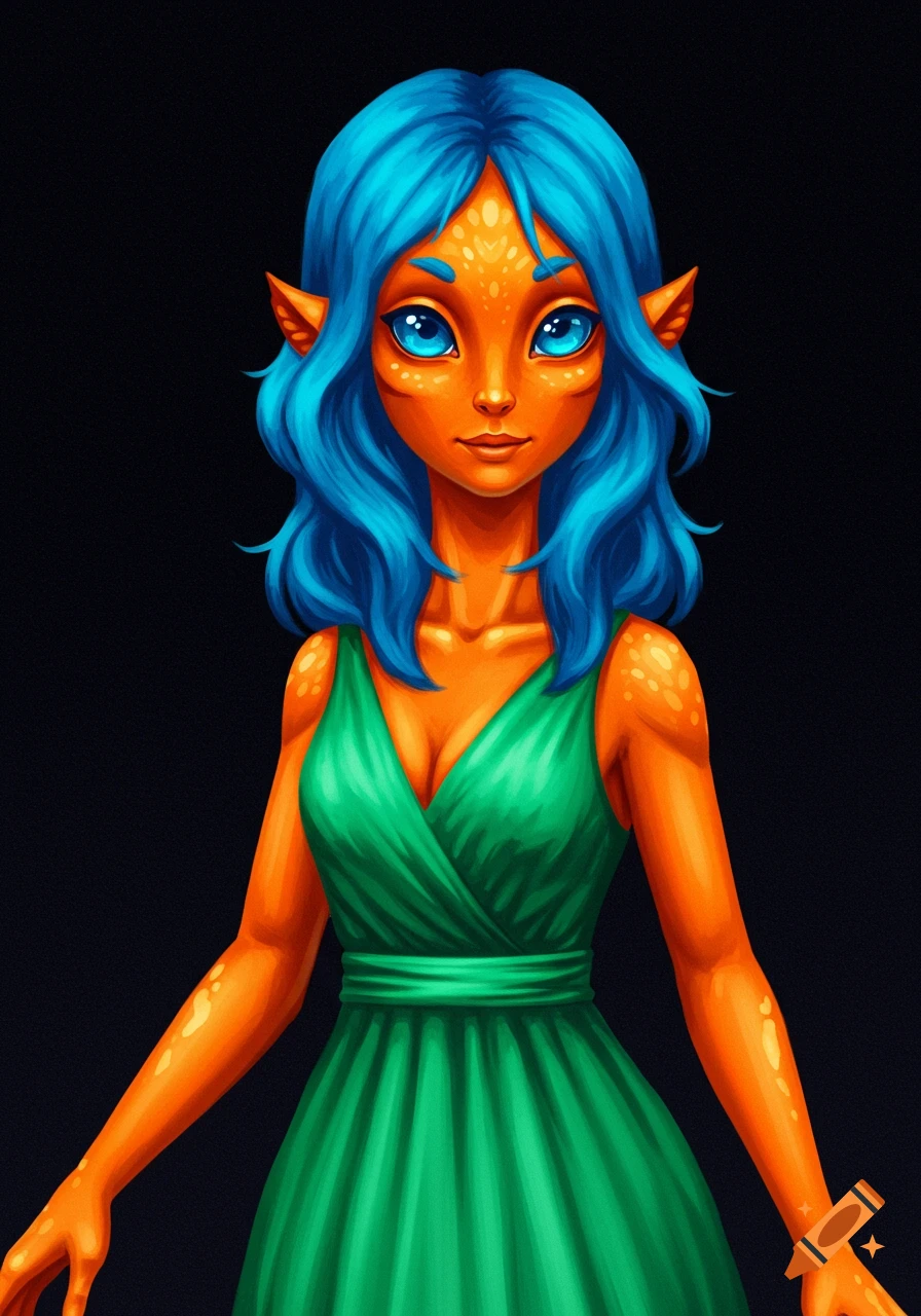 Stylized illustration of an orange alien with blue hair and eyes wearing a green dress.
