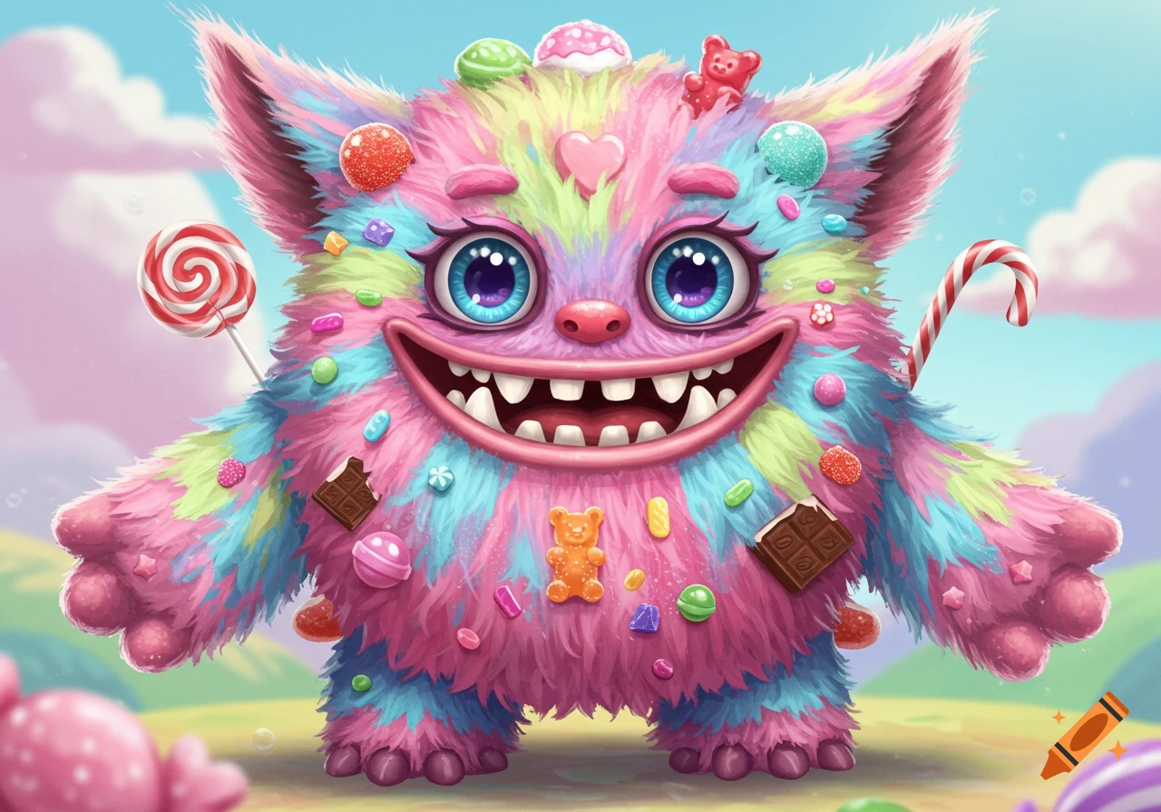 A colorful, fuzzy candy monster with large eyes and a big smile standing in a field.