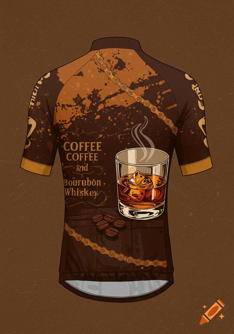 Illustration of a brown bicycle jersey with coffee and bicycle chain patterns, featuring coffee beans and a glass of whiskey.