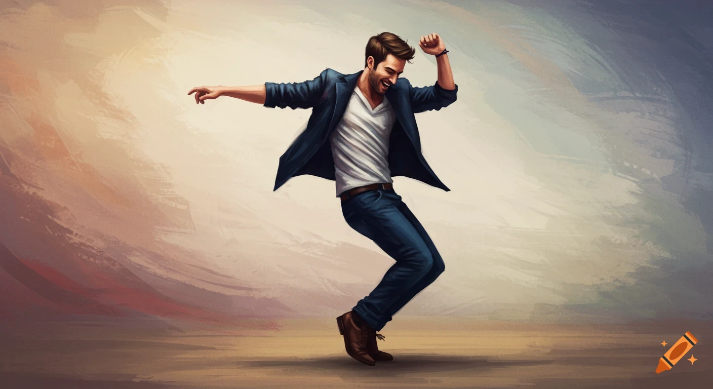 A man dances energetically in a dynamic pose, rendered in a digital painting style.