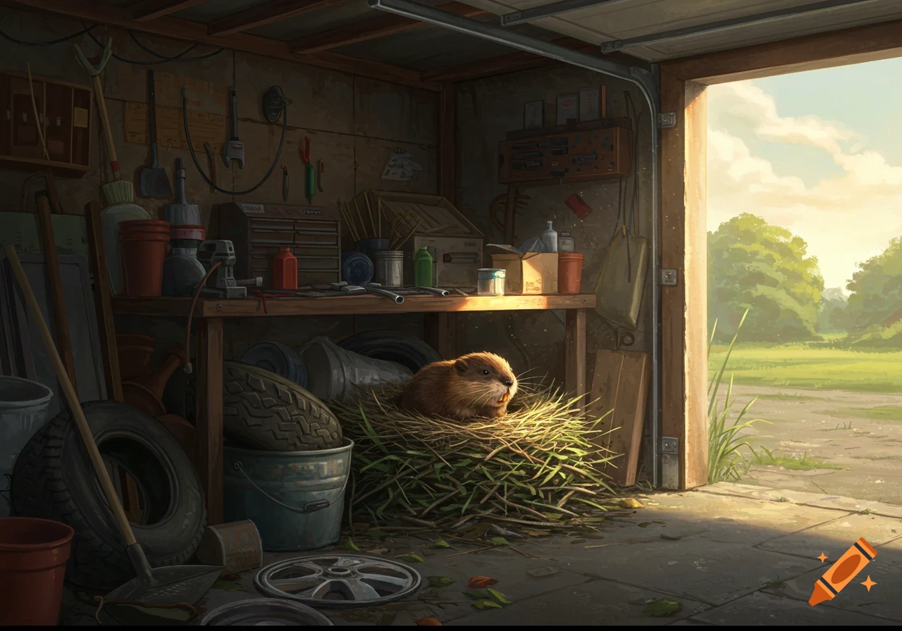 A muskrat sits in a nest of branches on the floor of a cluttered garage.