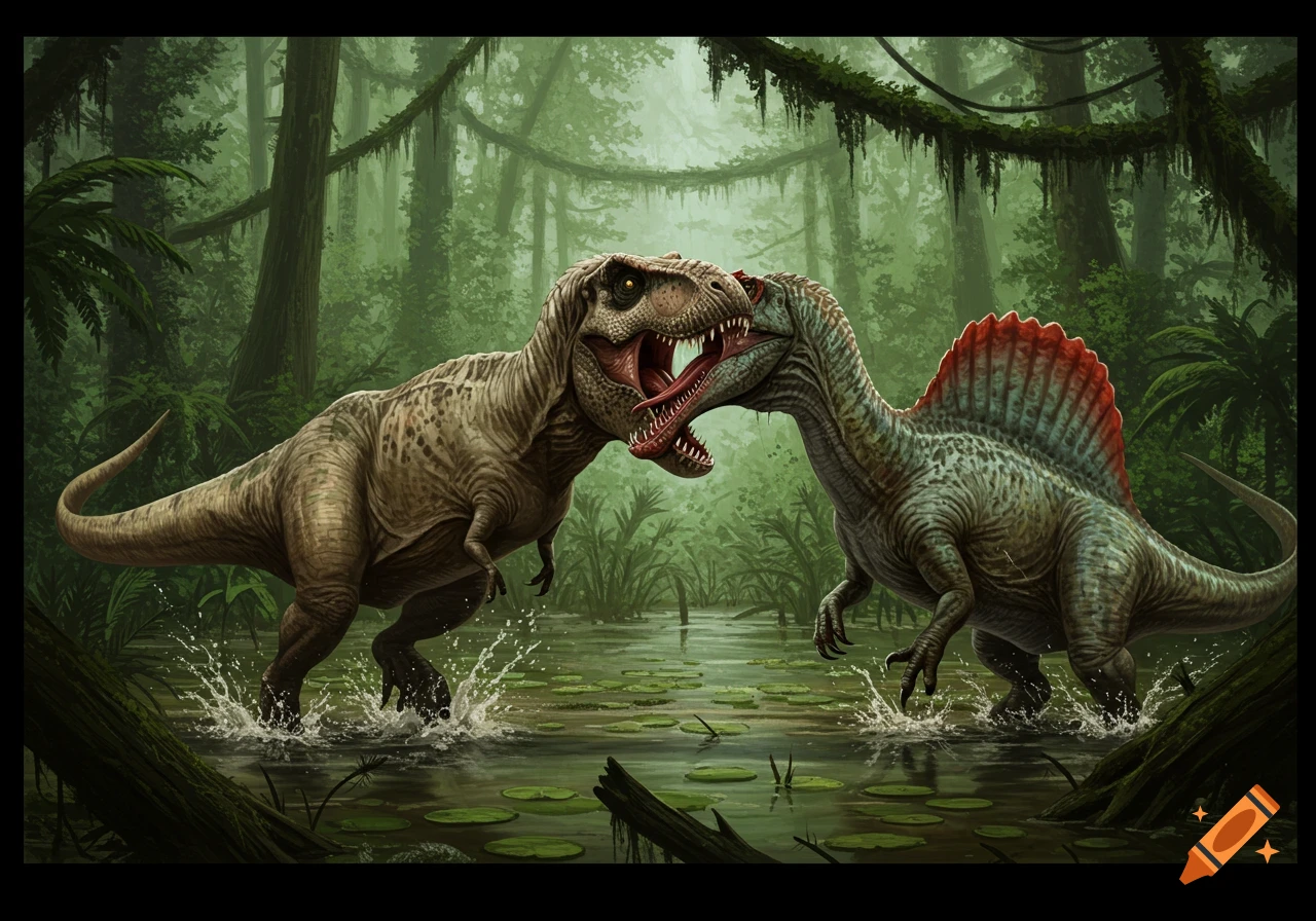 Tyrannosaurus Rex fights a Spinosaurus in a jungle swamp.