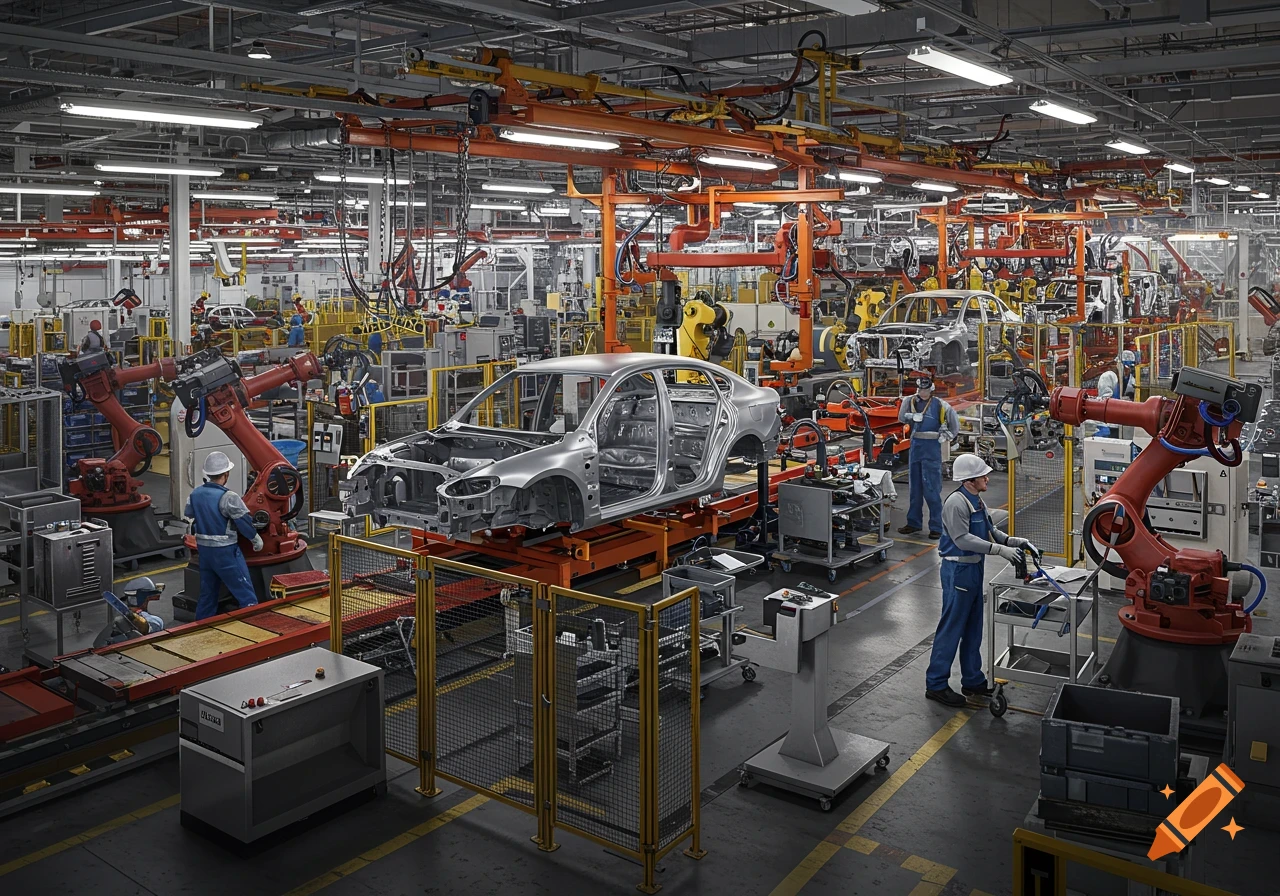 Photorealistic image of an automotive factory with robots and workers assembling cars.