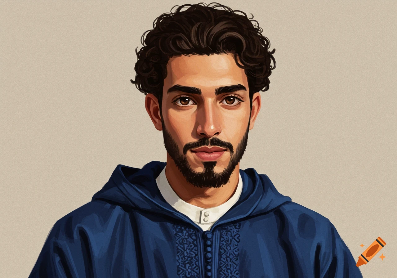 Stylized portrait of a man with curly hair and beard wearing a blue hooded garment.