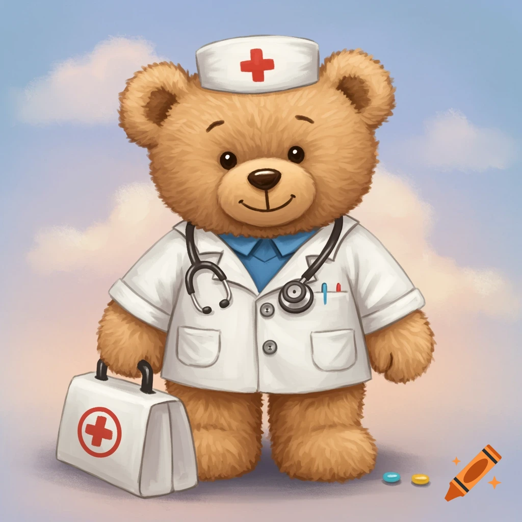 A cartoon teddy bear dressed as a doctor, holding a medical bag.