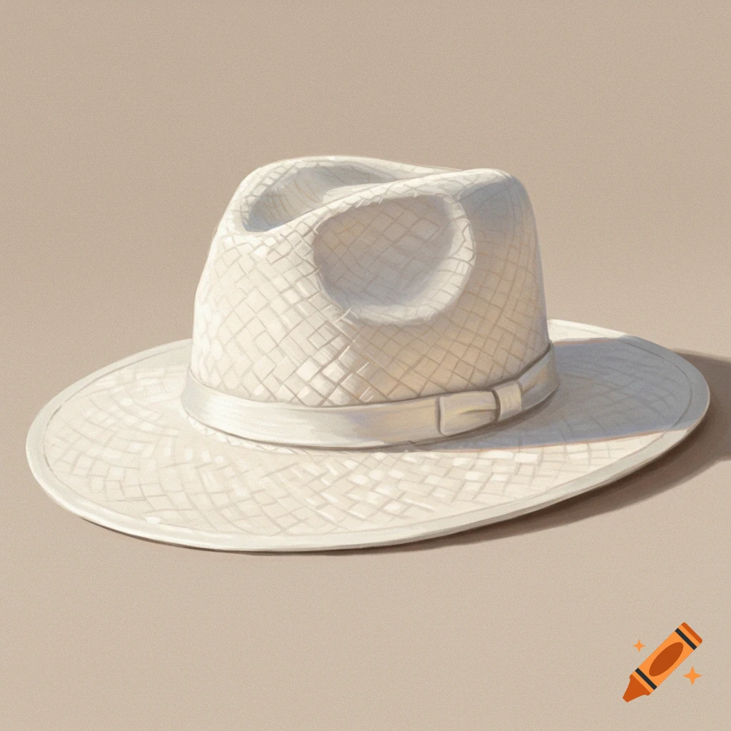 A white straw hat painted on a beige background.