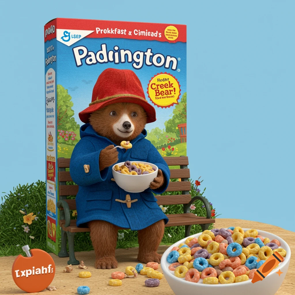 Paddington Bear sits on a bench eating cereal with a bowl of cereal and a large cereal box beside him.