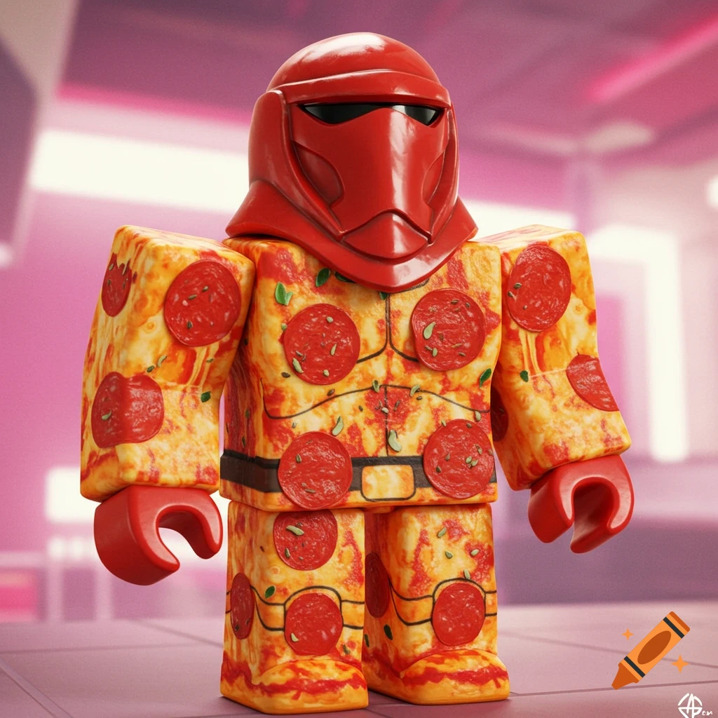 A blocky toy figure with a Star Wars Red Guard helmet is textured like a pepperoni pizza.