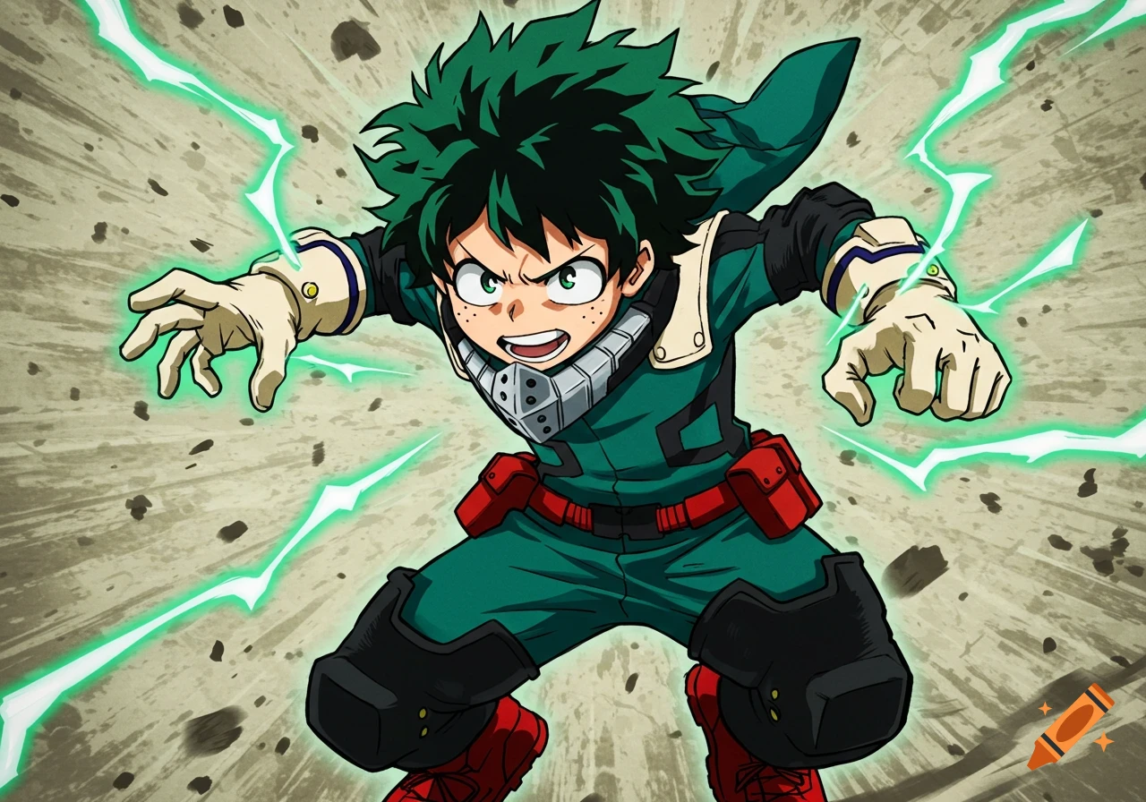 Deku from My Hero Academia lunging forward with green lightning power