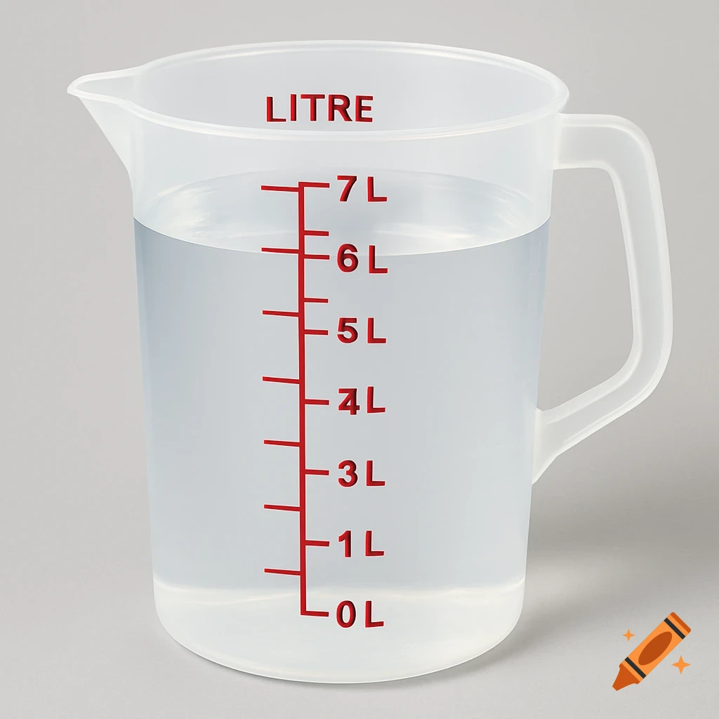 Clear plastic measuring jug filled with water to the 7 liter mark.