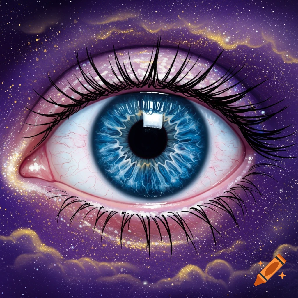 Close-up of a detailed blue eye surrounded by a purple and gold cosmic background