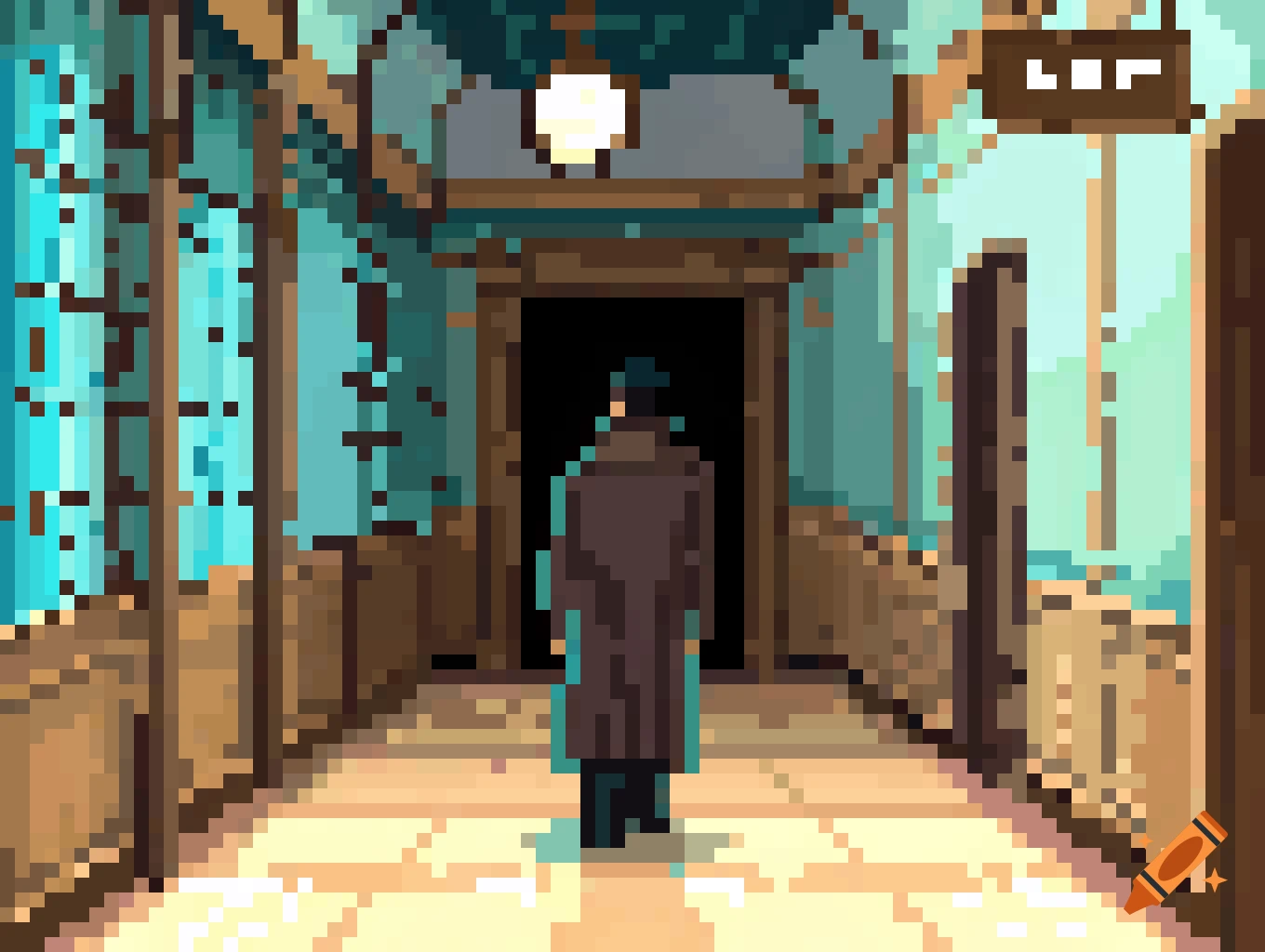 Pixel art of a man in a coat walking away down a dark corridor with long shadows.