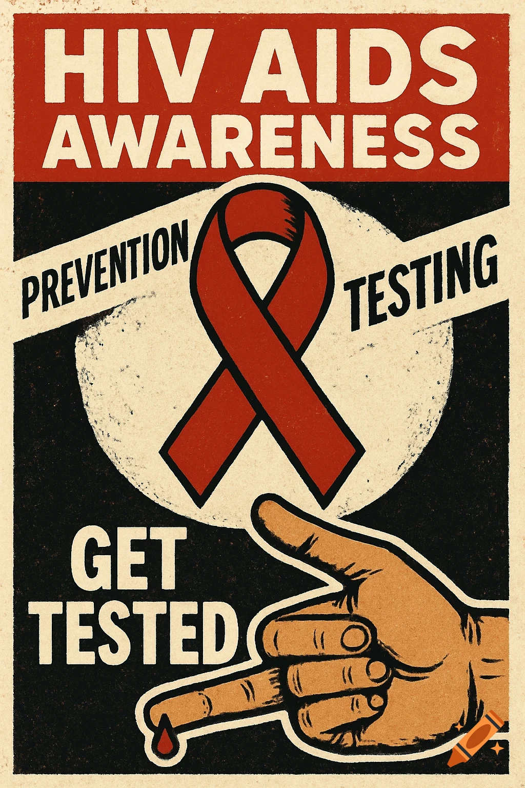 Vintage style HIV AIDS awareness poster with red ribbon, text, and hand with blood drop.