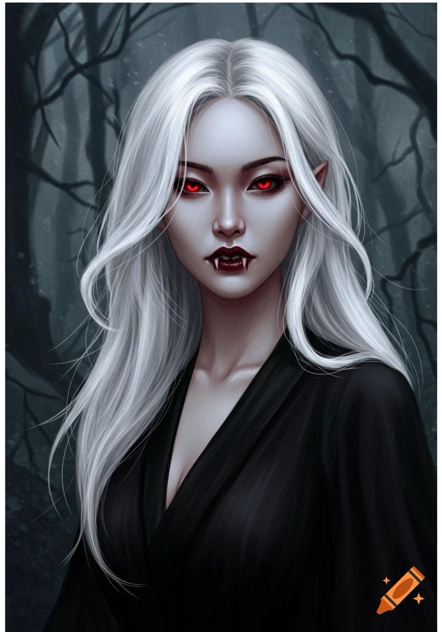 A white-haired vampire woman with red eyes and fangs, against a dark forest background.