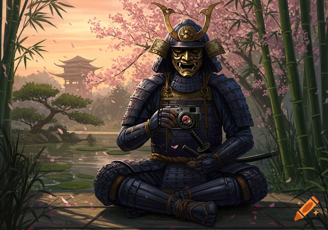 Masked samurai in armor sits holding a camera in a Japanese garden with cherry blossoms and temple.