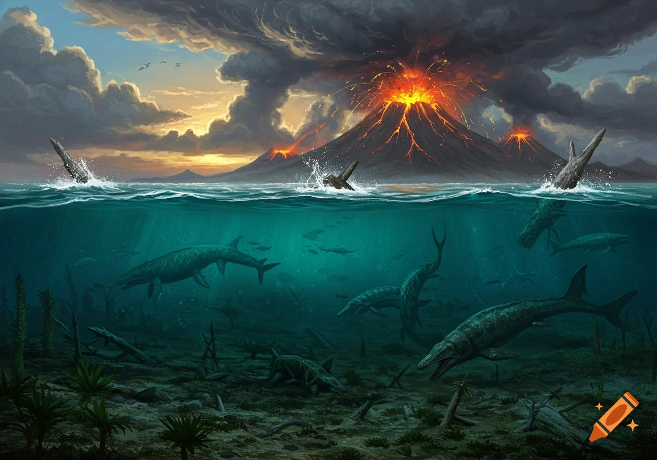 Prehistoric marine reptiles swim and breach the surface near erupting volcanoes during a sunset.
